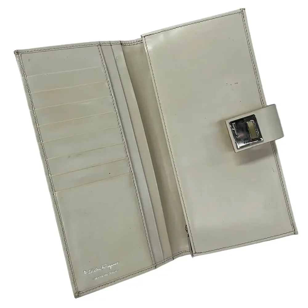 Salvatore Ferragamo Gancini Long Wallet Beige Cream Canvas Leather